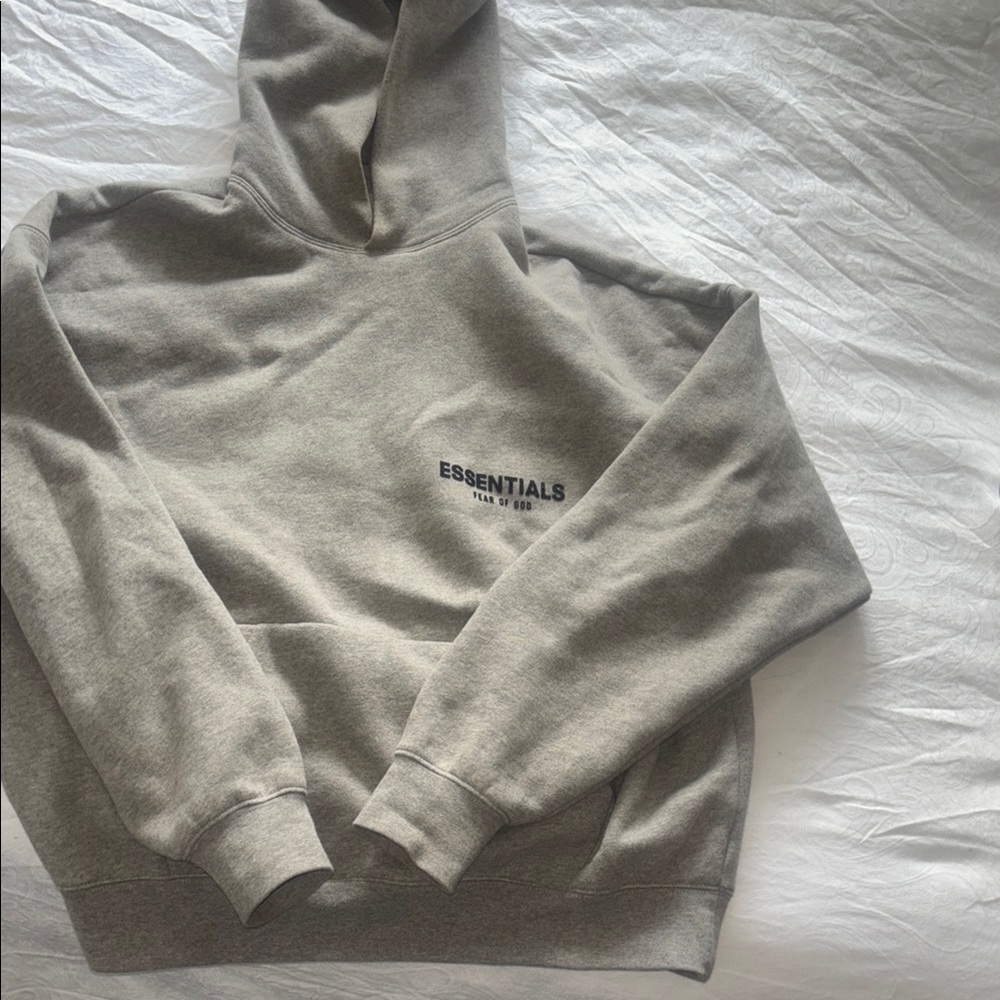 Essentials Gray Pullover Hoodie with Ribbed Cuffs